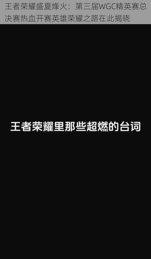 王者荣耀盛夏烽火：第三届WGC精英赛总决赛热血开赛英雄荣耀之路在此揭晓