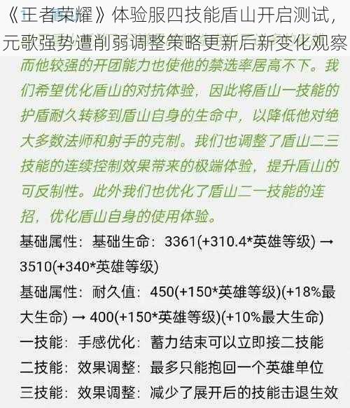 《王者荣耀》体验服四技能盾山开启测试，元歌强势遭削弱调整策略更新后新变化观察