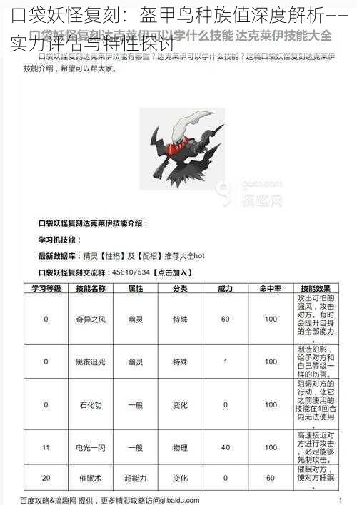 口袋妖怪复刻：盔甲鸟种族值深度解析——实力评估与特性探讨