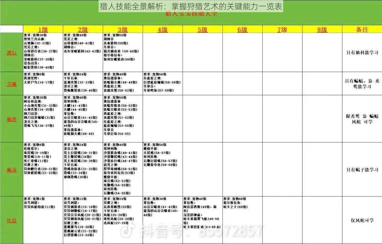 猎人技能全景解析：掌握狩猎艺术的关键能力一览表